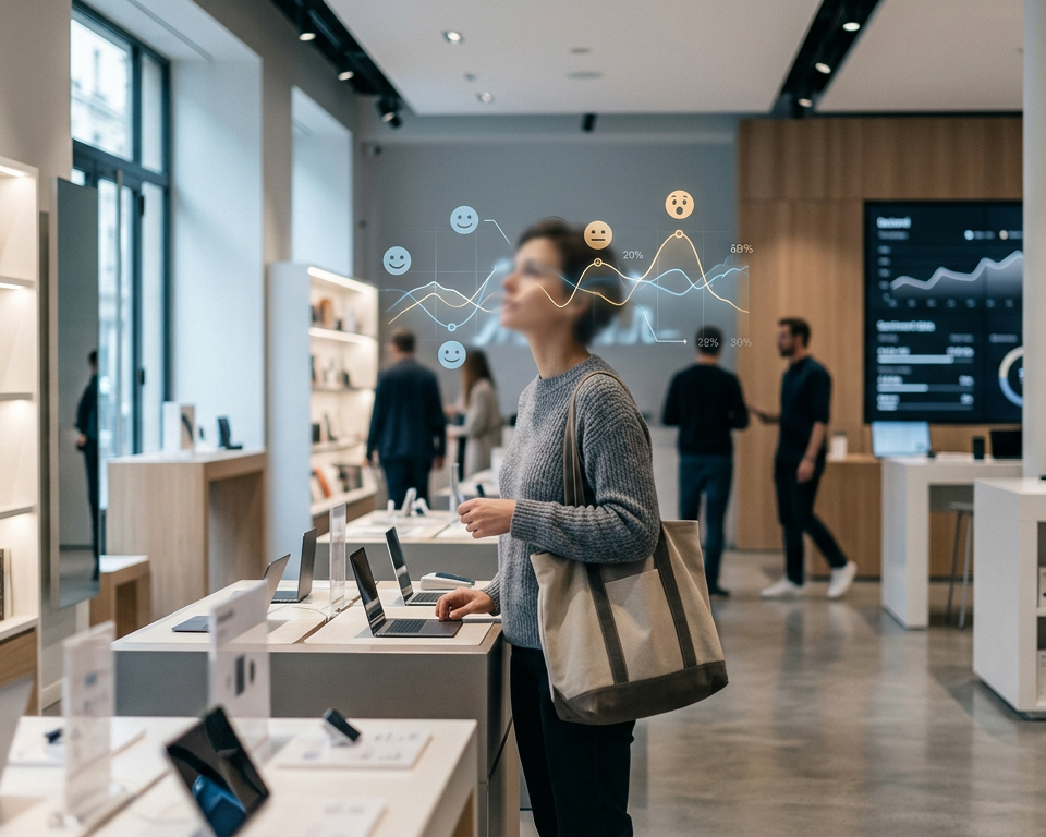 Une interface numérique affichant des visages stylisés avec des indicateurs d'émotions (joie, neutralité, tristesse) superposés sur une image floue d'un magasin de détail, symbolisant l'analyse des sentiments clients par la Retail IA émotionnelle.