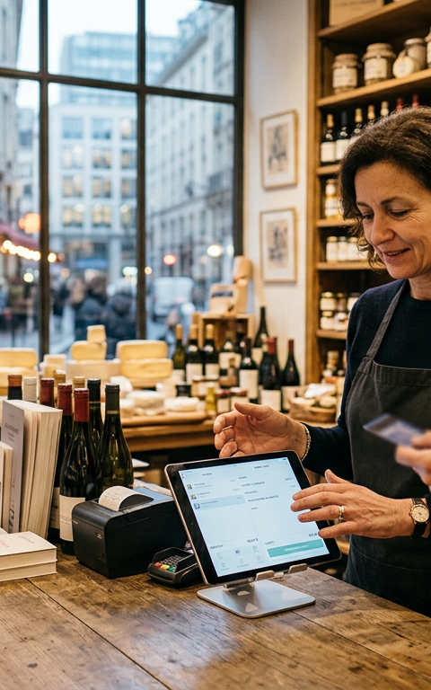 Un terminal de paiement moderne affichant des données d'analyse, symbolisant la convergence du retail de proximité, du paiement et de l'IA pour une gestion optimisée.
