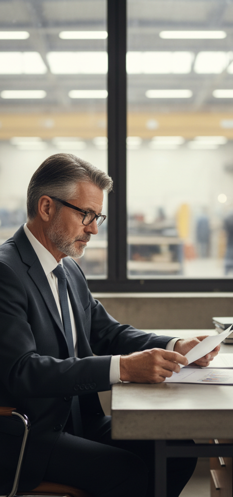 retraite dirigeant PME — Un dirigeant de PME, pensif, devant un tableau de bord financier, symbolisant l'anticipation