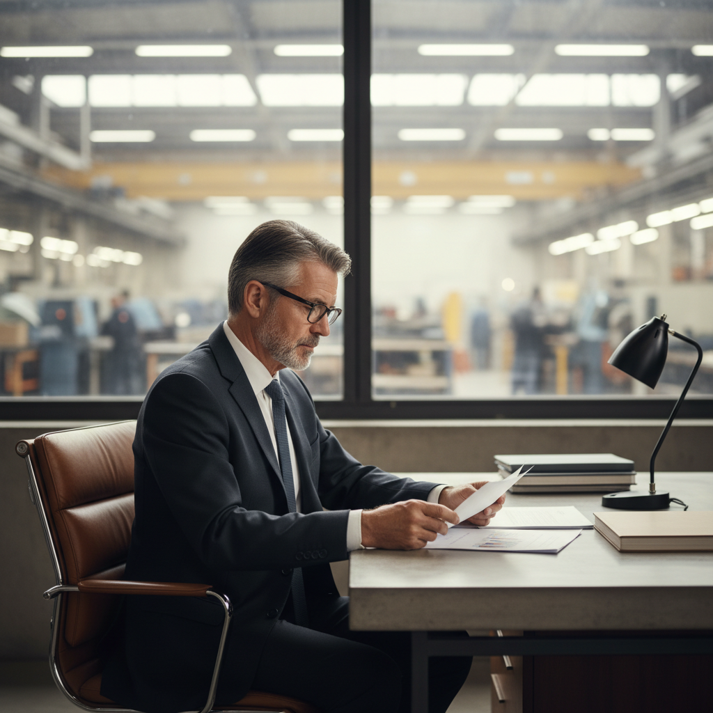 retraite dirigeant PME — Un dirigeant de PME, pensif, devant un tableau de bord financier, symbolisant l'anticipation