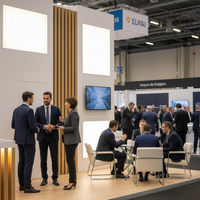 Une vue d'ensemble animée d'un salon professionnel en 2026, montrant des PME interagissant sur des stands modernes et technologiques, soulignant l'importance de réussir sa participation.