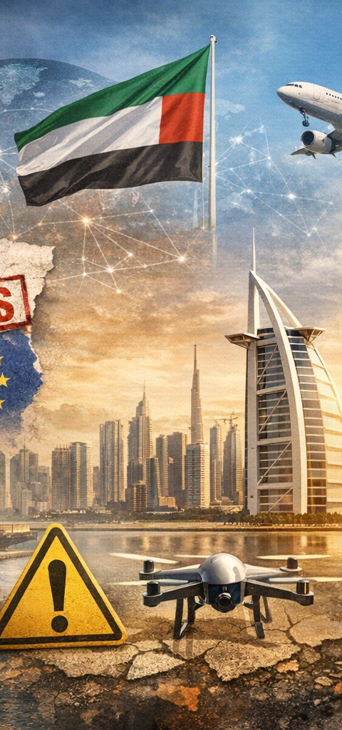 Une PME face à un labyrinthe de documents et de réglementations, symbolisant le risque conformité EAU et les défis pour les entreprises aux Émirats Arabes Unis en 2026.