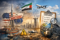Une PME face à un labyrinthe de documents et de réglementations, symbolisant le risque conformité EAU et les défis pour les entreprises aux Émirats Arabes Unis en 2026.