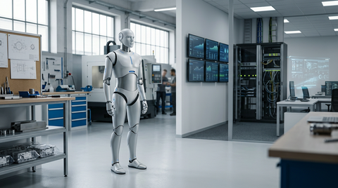 Un robot humanoïde futuriste interagissant avec un dirigeant de PME souriant, symbolisant l'accessibilité du Robot-as-a-Service pour les petites et moyennes entreprises.