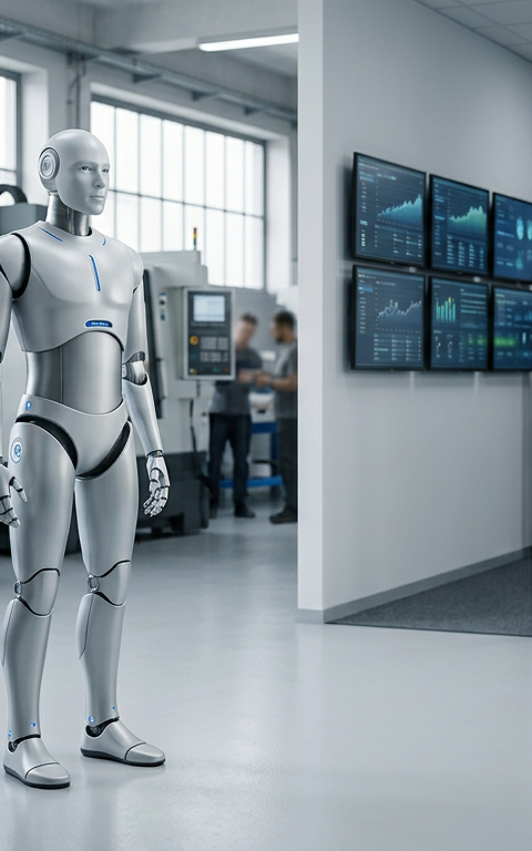 Un robot humanoïde futuriste interagissant avec un dirigeant de PME souriant, symbolisant l'accessibilité du Robot-as-a-Service pour les petites et moyennes entreprises.