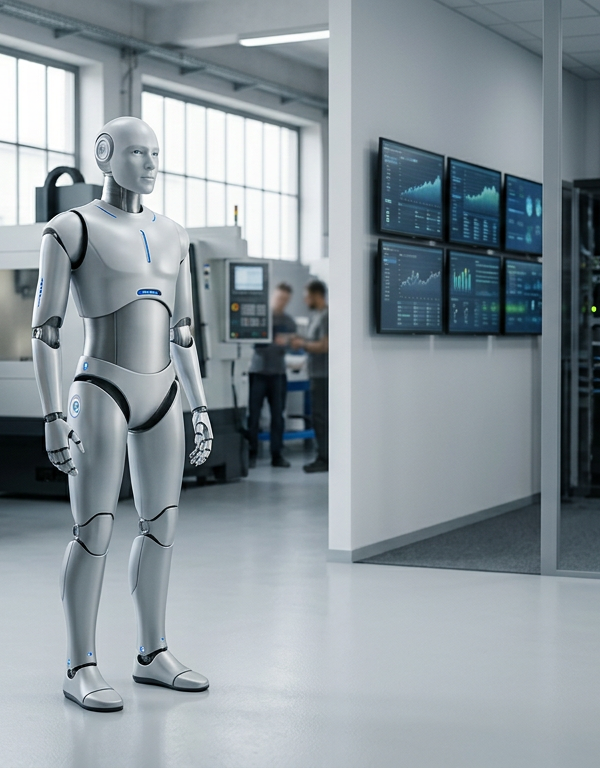 Un robot humanoïde futuriste interagissant avec un dirigeant de PME souriant, symbolisant l'accessibilité du Robot-as-a-Service pour les petites et moyennes entreprises.