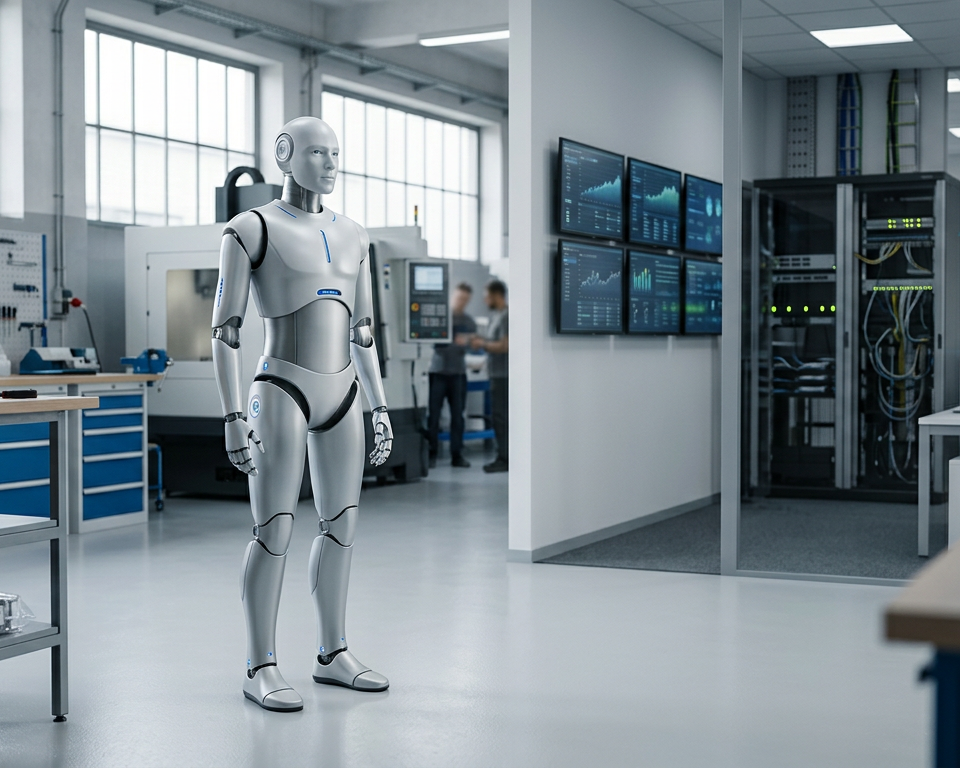 Un robot humanoïde futuriste interagissant avec un dirigeant de PME souriant, symbolisant l'accessibilité du Robot-as-a-Service pour les petites et moyennes entreprises.