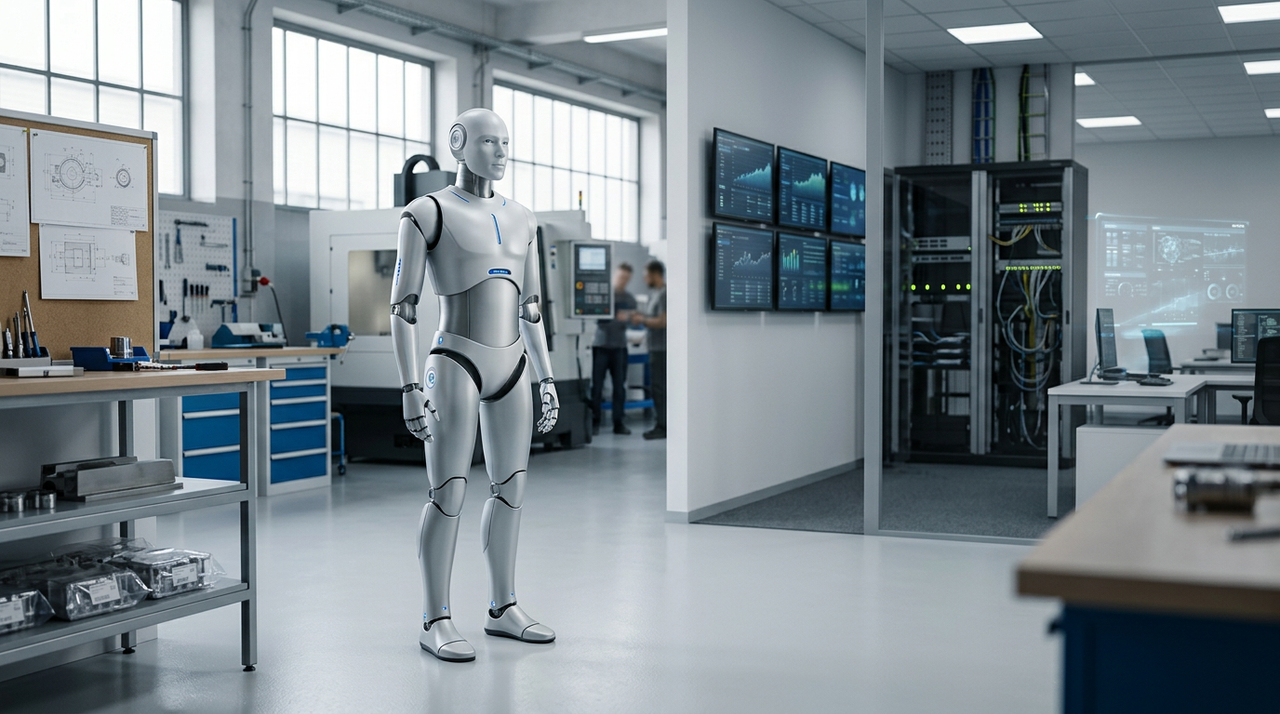 Un robot humanoïde futuriste interagissant avec un dirigeant de PME souriant, symbolisant l'accessibilité du Robot-as-a-Service pour les petites et moyennes entreprises.