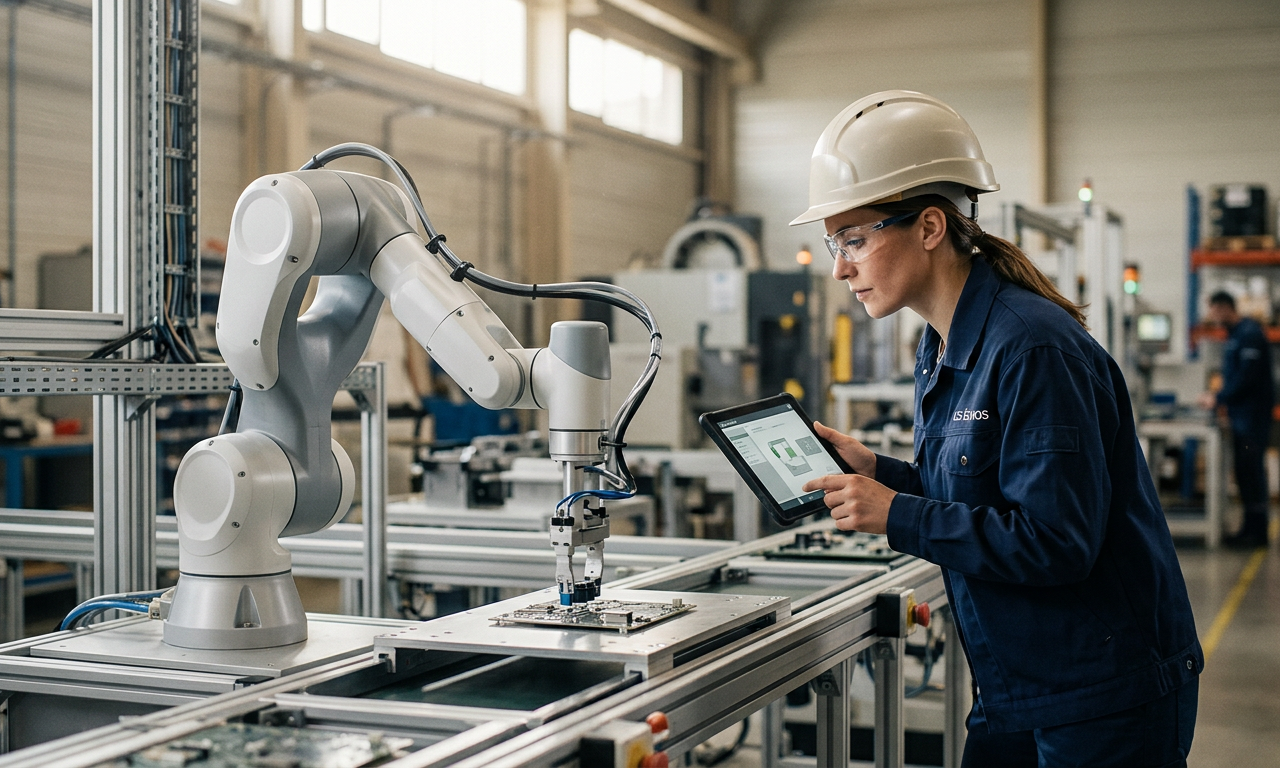 Un cobot collaboratif travaillant aux côtés d'un opérateur humain dans une usine de tôlerie fine, illustrant l'intégration réussie de la robotique collaborative en PME pour optimiser la production.