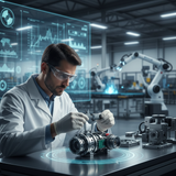 Illustration d'une usine moderne avec des éléments d'IA, symbolisant l'innovation et le ROI IA PME dans l'industrie.