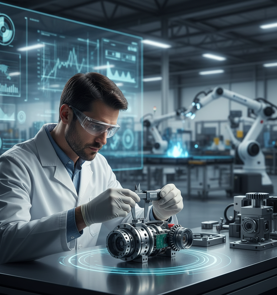 Illustration d'une usine moderne avec des éléments d'IA, symbolisant l'innovation et le ROI IA PME dans l'industrie.