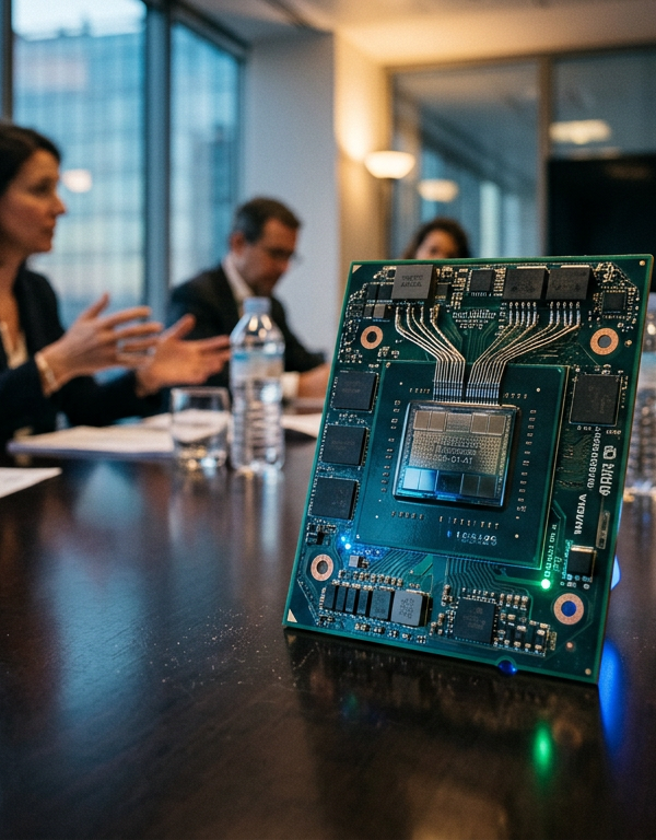 Illustration de puces RTX Spark Nvidio de Nvidia, symbolisant la concurrence face aux logos Intel et AMD sur un circuit imprimé de PC portable.