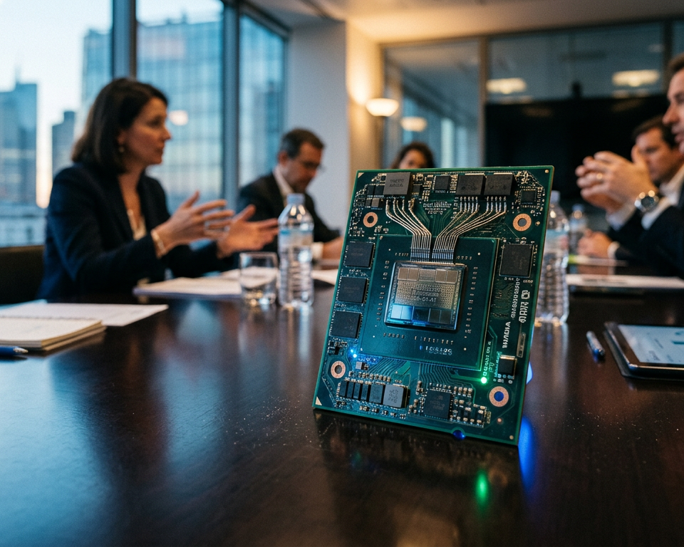 Illustration de puces RTX Spark Nvidio de Nvidia, symbolisant la concurrence face aux logos Intel et AMD sur un circuit imprimé de PC portable.