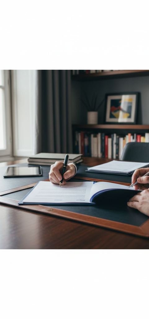 Illustration d'un dirigeant de PME souriant, serrant la main d'un employé, symbolisant une rupture conventionnelle PME réussie et sereine en 2026, avec des documents administratifs en arrière-plan.