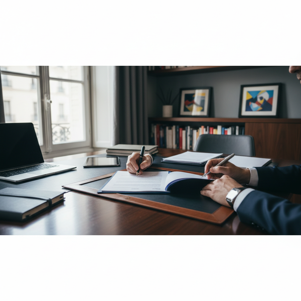 Illustration d'un dirigeant de PME souriant, serrant la main d'un employé, symbolisant une rupture conventionnelle PME réussie et sereine en 2026, avec des documents administratifs en arrière-plan.