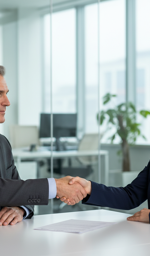 Illustration d'une poignée de main entre un employeur et un salarié signant un document, symbolisant la rupture conventionnelle procédure et l'accord mutuel.