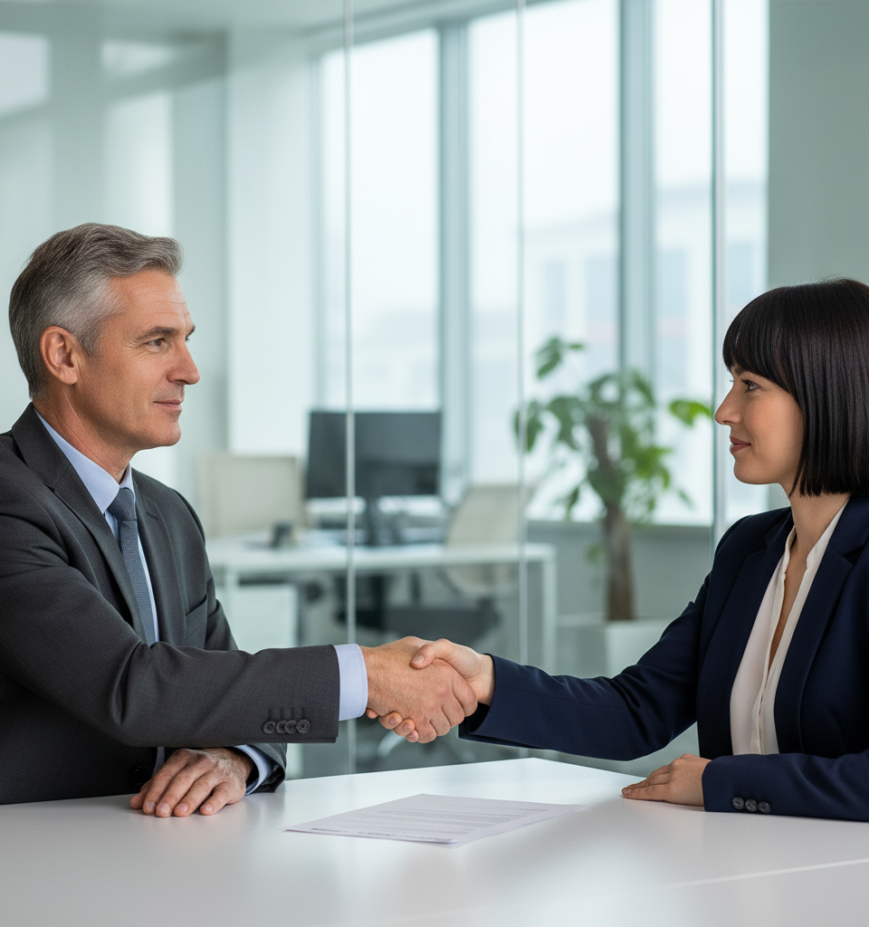 Illustration d'une poignée de main entre un employeur et un salarié signant un document, symbolisant la rupture conventionnelle procédure et l'accord mutuel.