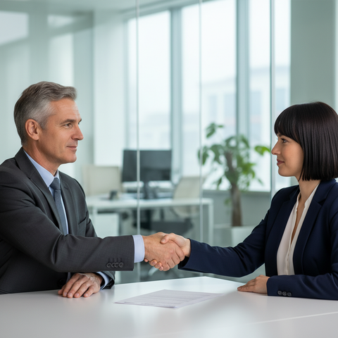 Illustration d'une poignée de main entre un employeur et un salarié signant un document, symbolisant la rupture conventionnelle procédure et l'accord mutuel.