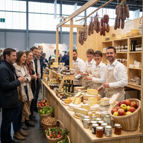 Un artisan fromager souriant présentant ses produits locaux sur un stand du Salon de l'Agriculture 2026, illustrant les enjeux pour les circuits courts et l'artisanat français.
