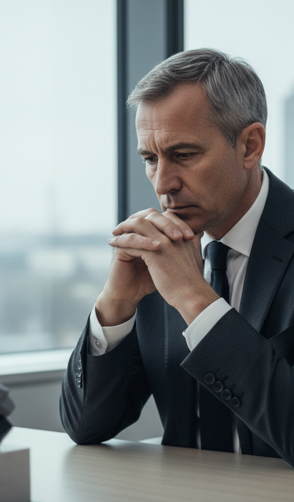 Dirigeant d'entreprise pensif et fatigué devant un ordinateur, illustrant le thème du burn-out entrepreneurial et sa prévention en 2026.