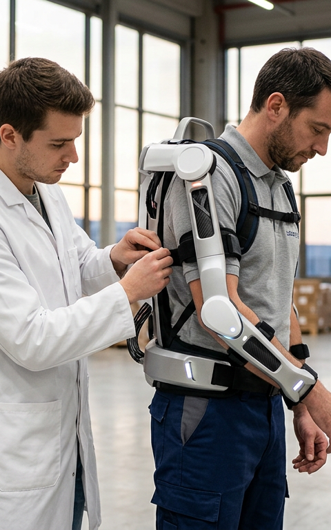 Un travailleur portant un exosquelette intelligent, symbolisant l'innovation et la prévention des troubles musculo-squelettiques pour une meilleure santé au travail.