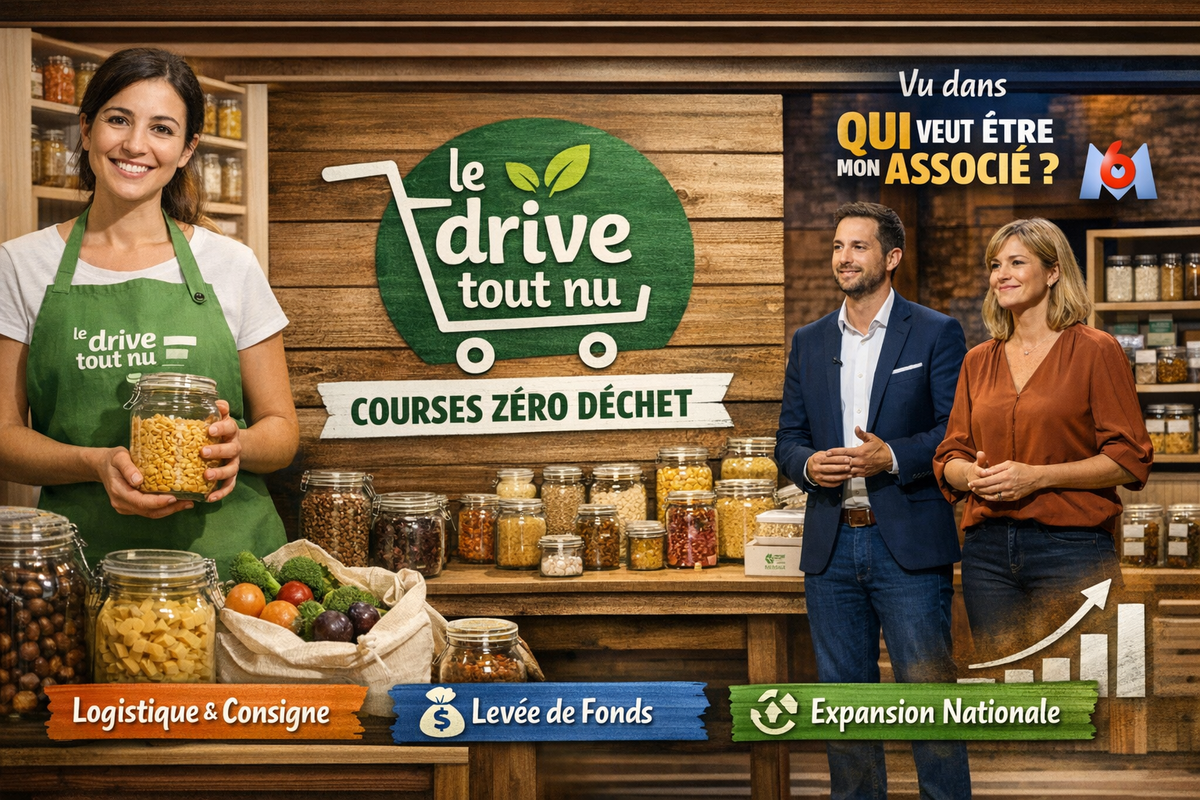 Montage éditorial sur Le Drive tout nu : employée tenant un bocal de produits secs devant des étagères de bocaux consignés, logo “Le Drive tout nu – courses zéro déchet”, et référence à l’émission “Qui veut être mon associé ?” avec deux intervenants en plateau et des bandeaux “Logistique & Consigne”, “Levée de fonds”, “Expansion nationale”.
