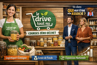 Montage éditorial sur Le Drive tout nu : employée tenant un bocal de produits secs devant des étagères de bocaux consignés, logo “Le Drive tout nu – courses zéro déchet”, et référence à l’émission “Qui veut être mon associé ?” avec deux intervenants en plateau et des bandeaux “Logistique & Consigne”, “Levée de fonds”, “Expansion nationale”.