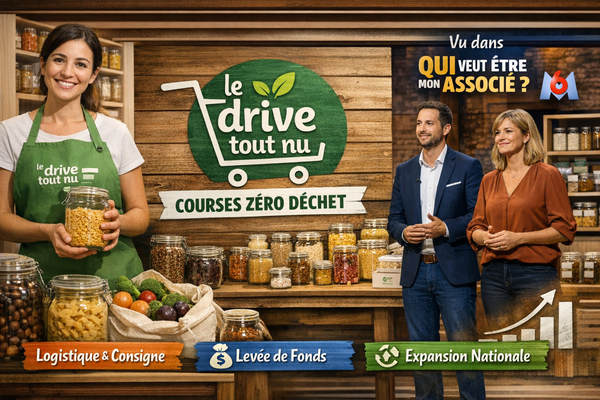 Montage éditorial sur Le Drive tout nu : employée tenant un bocal de produits secs devant des étagères de bocaux consignés, logo “Le Drive tout nu – courses zéro déchet”, et référence à l’émission “Qui veut être mon associé ?” avec deux intervenants en plateau et des bandeaux “Logistique & Consigne”, “Levée de fonds”, “Expansion nationale”.