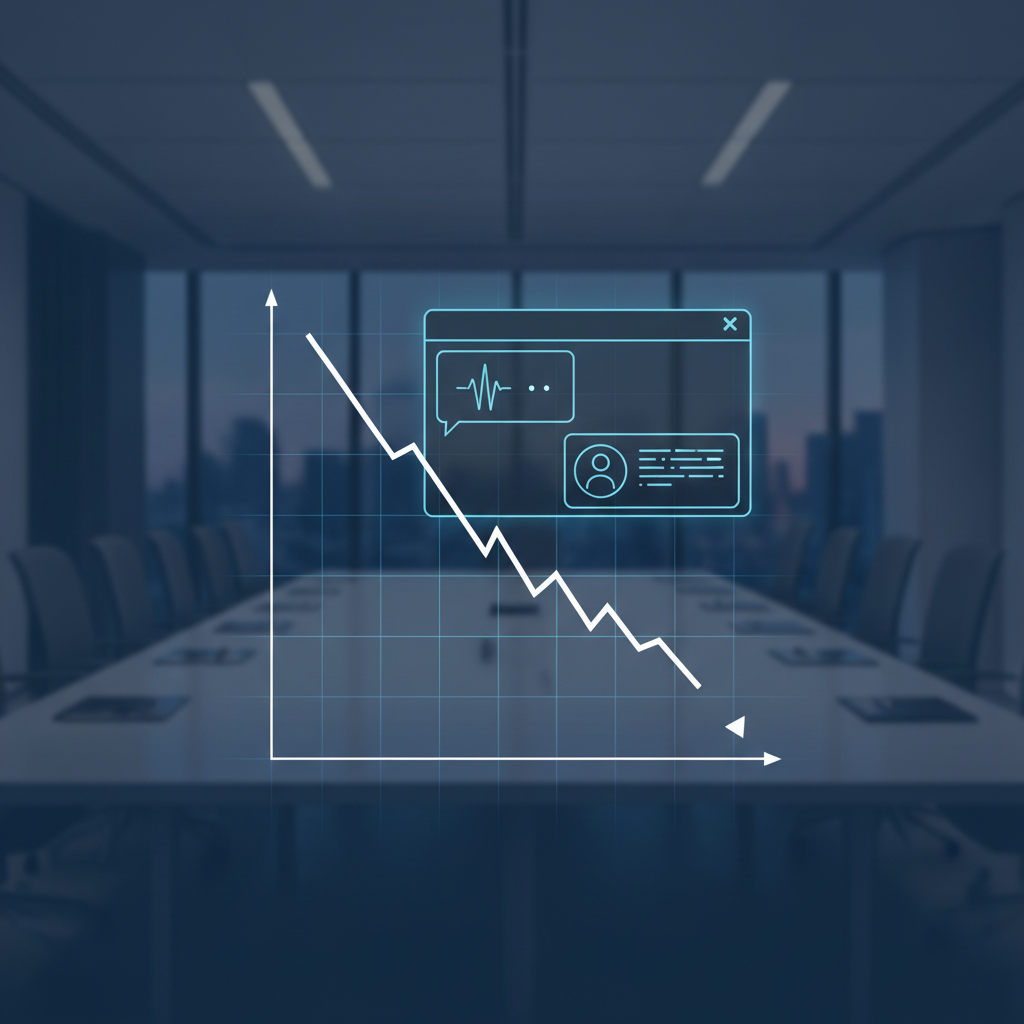 Illustration d'une intelligence artificielle conversationnelle (SearchGPT) synthétisant des informations, avec des graphiques de trafic web en baisse, symbolisant l'impact du SearchGPT SEO pour la survie des entreprises.