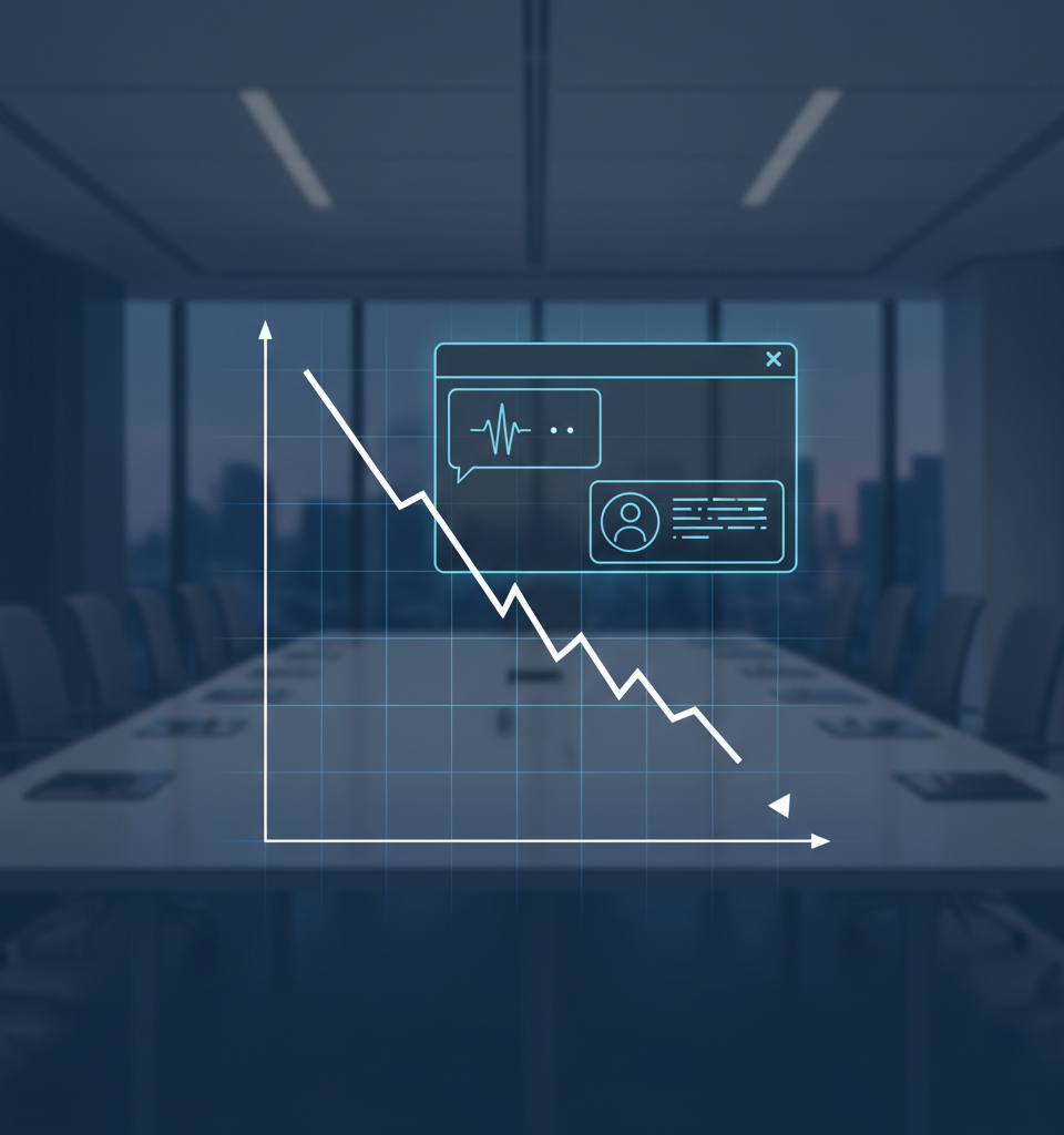 Illustration d'une intelligence artificielle conversationnelle (SearchGPT) synthétisant des informations, avec des graphiques de trafic web en baisse, symbolisant l'impact du SearchGPT SEO pour la survie des entreprises.