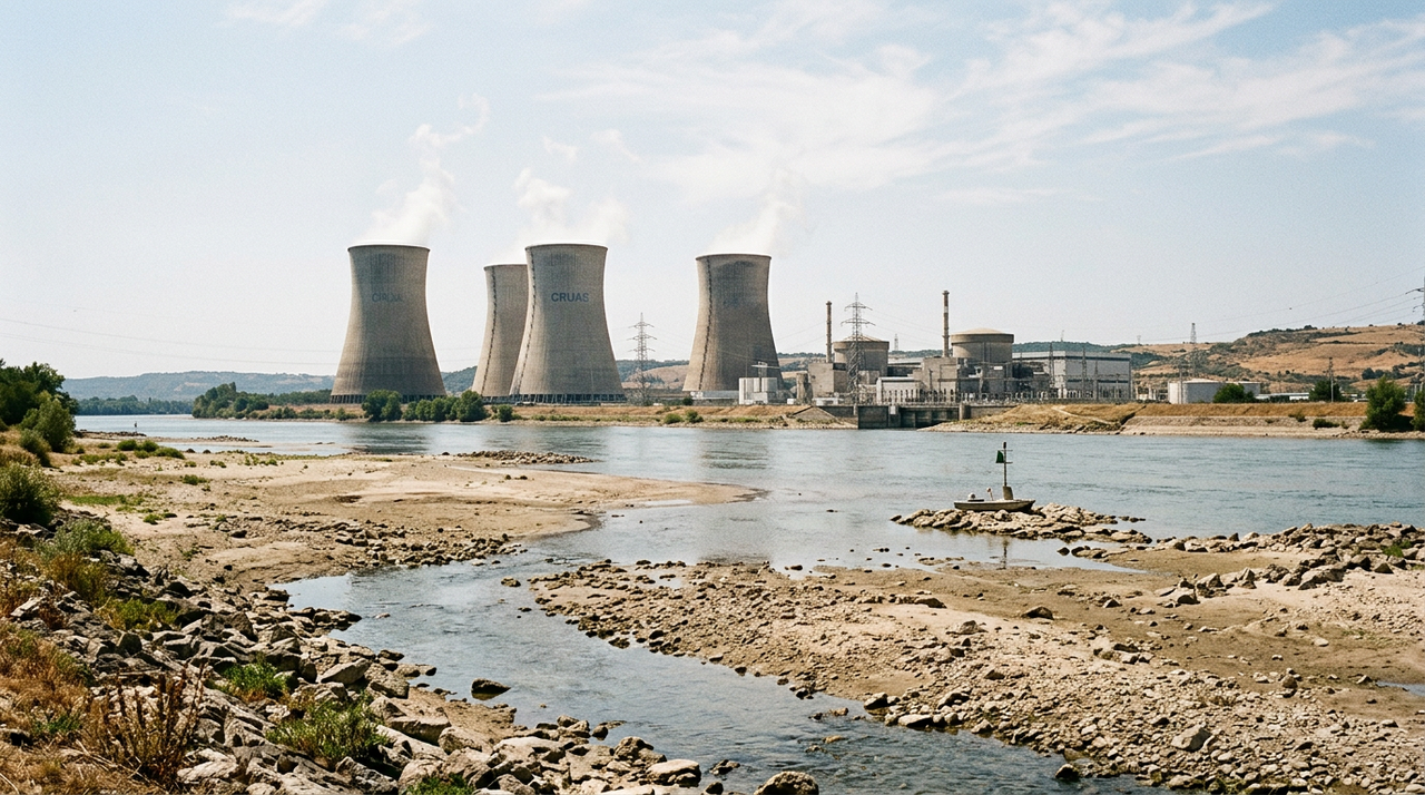 Centrale nucléaire de Chooz en bord de Meuse alors qu'EDF arrête 3 réacteurs pour cause de sécheresse.