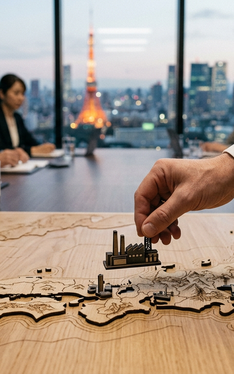 Illustration de la sécurité économique au Japon, avec des symboles de résilience et de coopération internationale, sans protectionnisme.