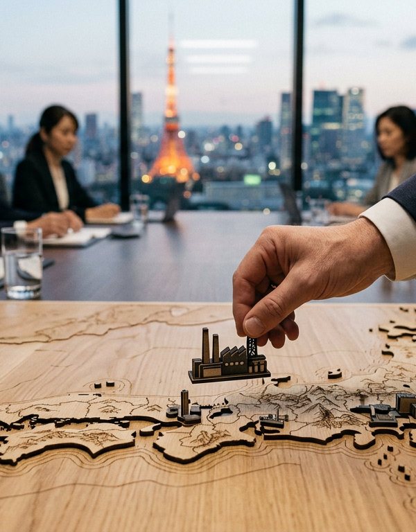 Illustration de la sécurité économique au Japon, avec des symboles de résilience et de coopération internationale, sans protectionnisme.
