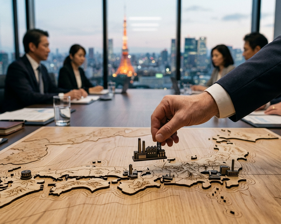 Illustration de la sécurité économique au Japon, avec des symboles de résilience et de coopération internationale, sans protectionnisme.
