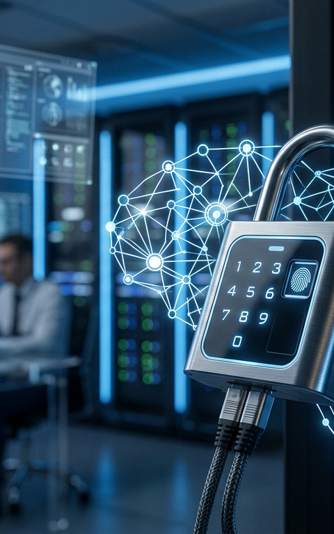 Illustration d'un cadenas numérique protégeant des données flottant autour d'une icône d'intelligence artificielle, symbolisant la sécurité IA et la prévention de la fuite de données.