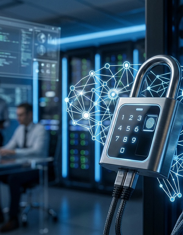 Illustration d'un cadenas numérique protégeant des données flottant autour d'une icône d'intelligence artificielle, symbolisant la sécurité IA et la prévention de la fuite de données.