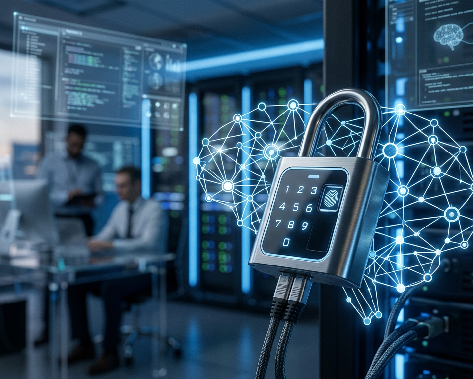Illustration d'un cadenas numérique protégeant des données flottant autour d'une icône d'intelligence artificielle, symbolisant la sécurité IA et la prévention de la fuite de données.