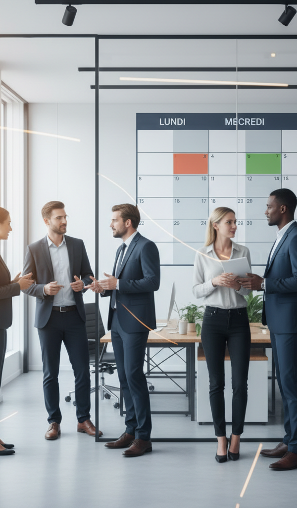 Illustration d'une équipe souriante travaillant dans un bureau moderne, symbolisant la productivité et le bien-être liés à la semaine de 4 jours en PME.
