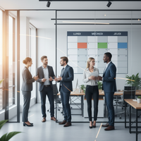 Illustration d'une équipe souriante travaillant dans un bureau moderne, symbolisant la productivité et le bien-être liés à la semaine de 4 jours en PME.