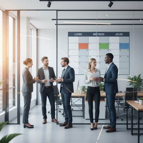 Illustration d'une équipe souriante travaillant dans un bureau moderne, symbolisant la productivité et le bien-être liés à la semaine de 4 jours en PME.