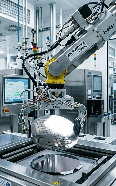 Illustration d'une usine de fabrication de semi-conducteurs, symbolisant la souveraineté industrielle et l'innovation technologique en France.