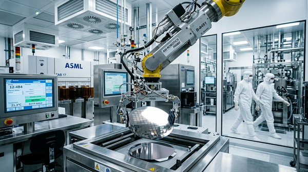 Illustration d'une usine de fabrication de semi-conducteurs, symbolisant la souveraineté industrielle et l'innovation technologique en France.