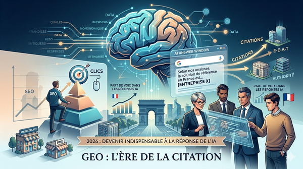 Illustration conceptuelle de la Generative Engine Optimization : un graphe de connaissances connectant des entités pour l'IA.