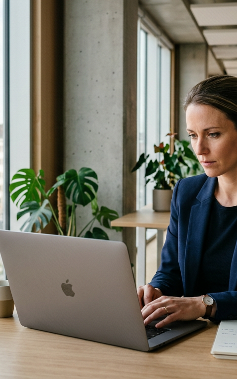 Illustration d'une consultante souriante devant un écran affichant des graphiques de croissance, symbolisant le succès grâce au SEO LinkedIn IA et à l'optimisation de profil pour les prospects B2B.