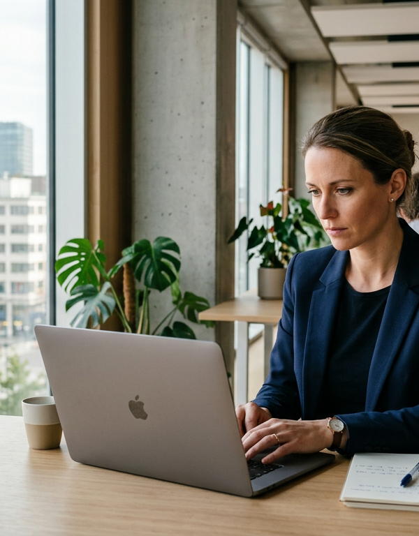 Illustration d'une consultante souriante devant un écran affichant des graphiques de croissance, symbolisant le succès grâce au SEO LinkedIn IA et à l'optimisation de profil pour les prospects B2B.