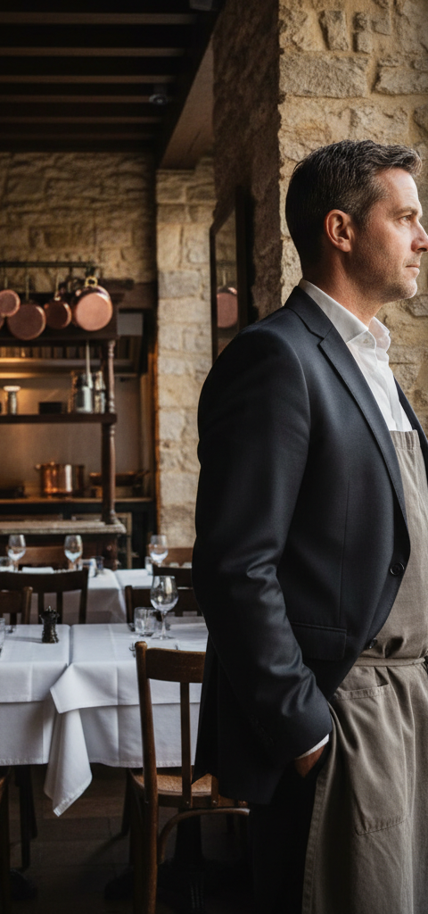 Une petite entreprise locale, symbolisée par un restaurant, fait face à un écran affichant le logo de Google et des graphiques de trafic en baisse, illustrant l'impact du SEO SGE Google sur son activité.