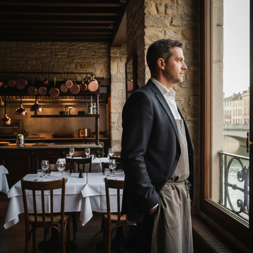Une petite entreprise locale, symbolisée par un restaurant, fait face à un écran affichant le logo de Google et des graphiques de trafic en baisse, illustrant l'impact du SEO SGE Google sur son activité.