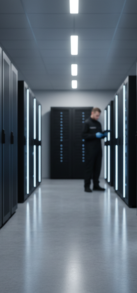 Illustration d'un serveur IA local sécurisé dans un datacenter, symbolisant la souveraineté numérique d'une PME comme AeroData.