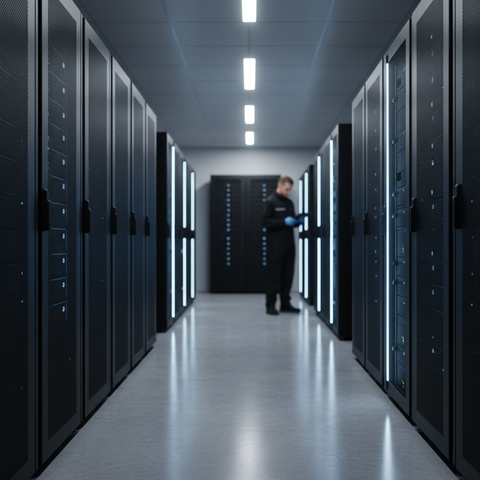 Illustration d'un serveur IA local sécurisé dans un datacenter, symbolisant la souveraineté numérique d'une PME comme AeroData.