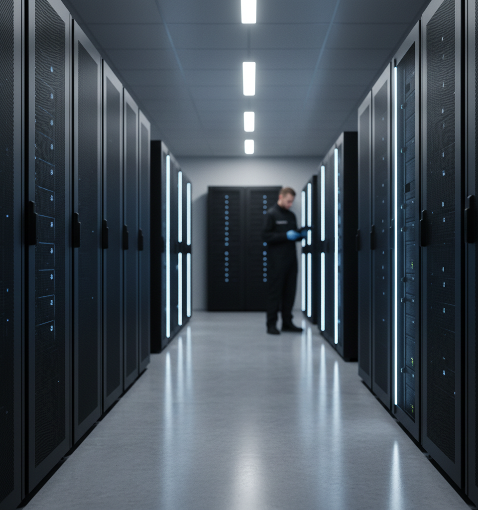 Illustration d'un serveur IA local sécurisé dans un datacenter, symbolisant la souveraineté numérique d'une PME comme AeroData.